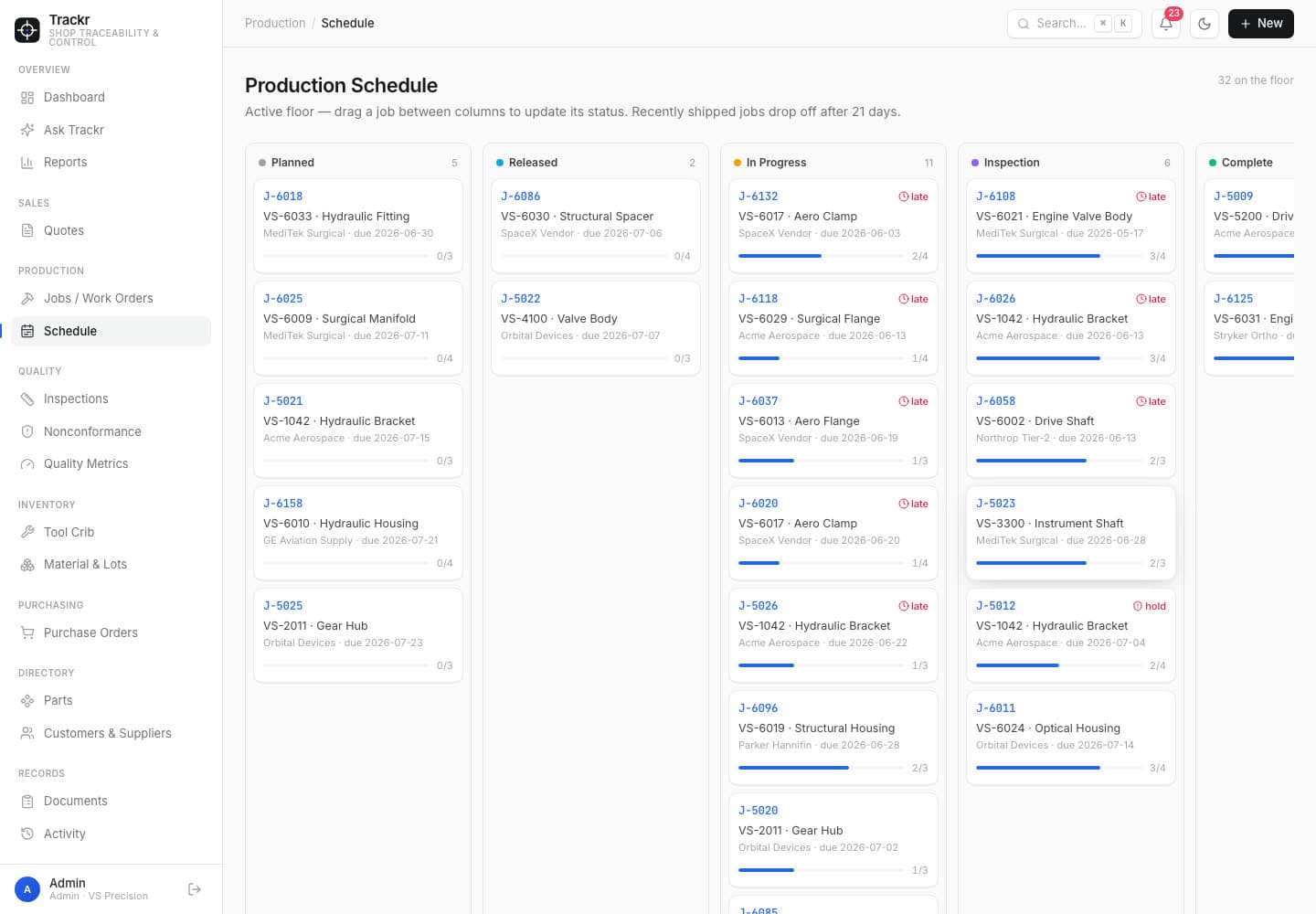 Trackr production schedule screenshot